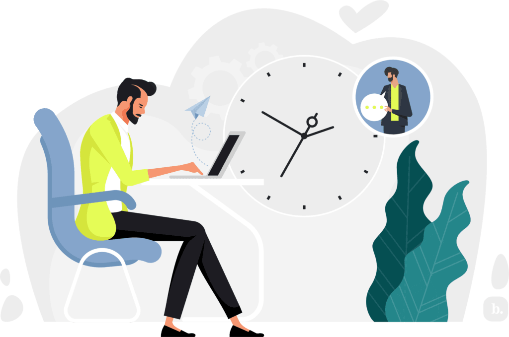 graphic of a businessperson sitting in a chair next to a clock on the wall
