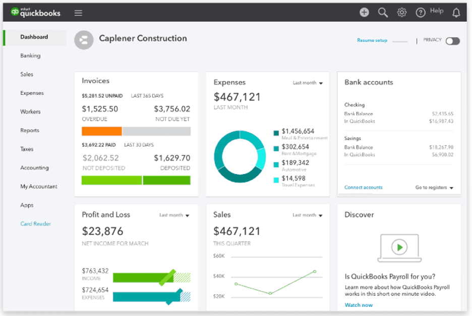 QuickBooks dashboard