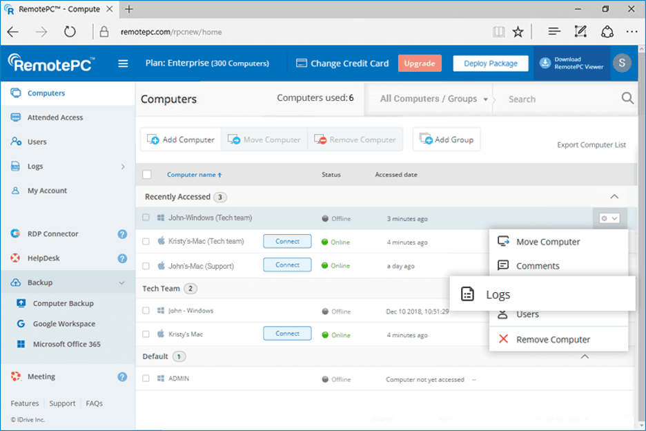 RemotePC dashboard