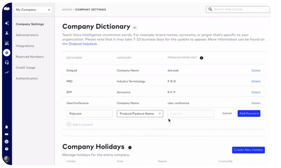 Dialpad company dictionary