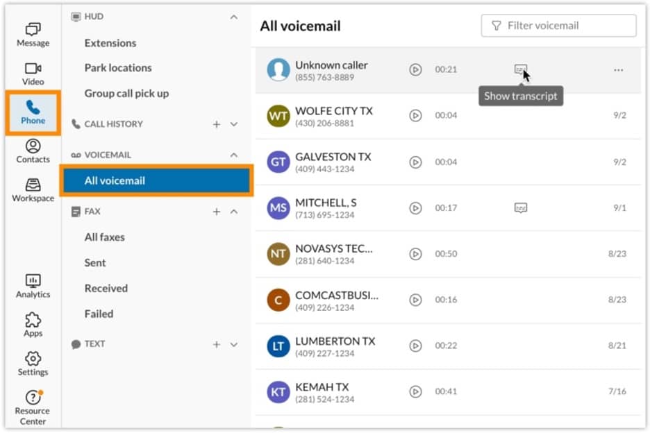 RingCentral voicemail