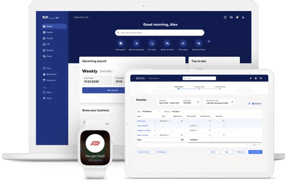 ADP payroll platform displayed on multiple devices