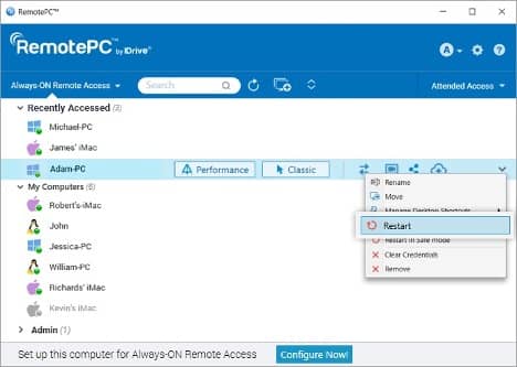 RemotePC restarting a computer