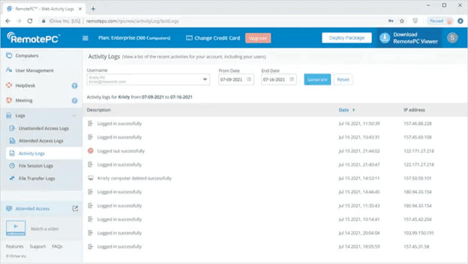 RemotePC activity monitoring