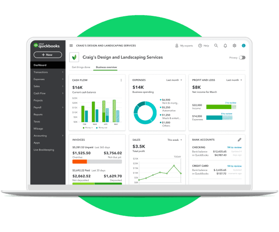QuickBooks online income and expenses analytics