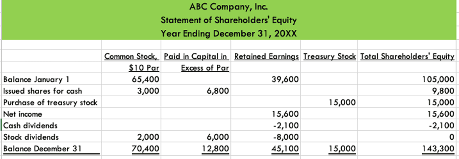 Shareholder equity statement
