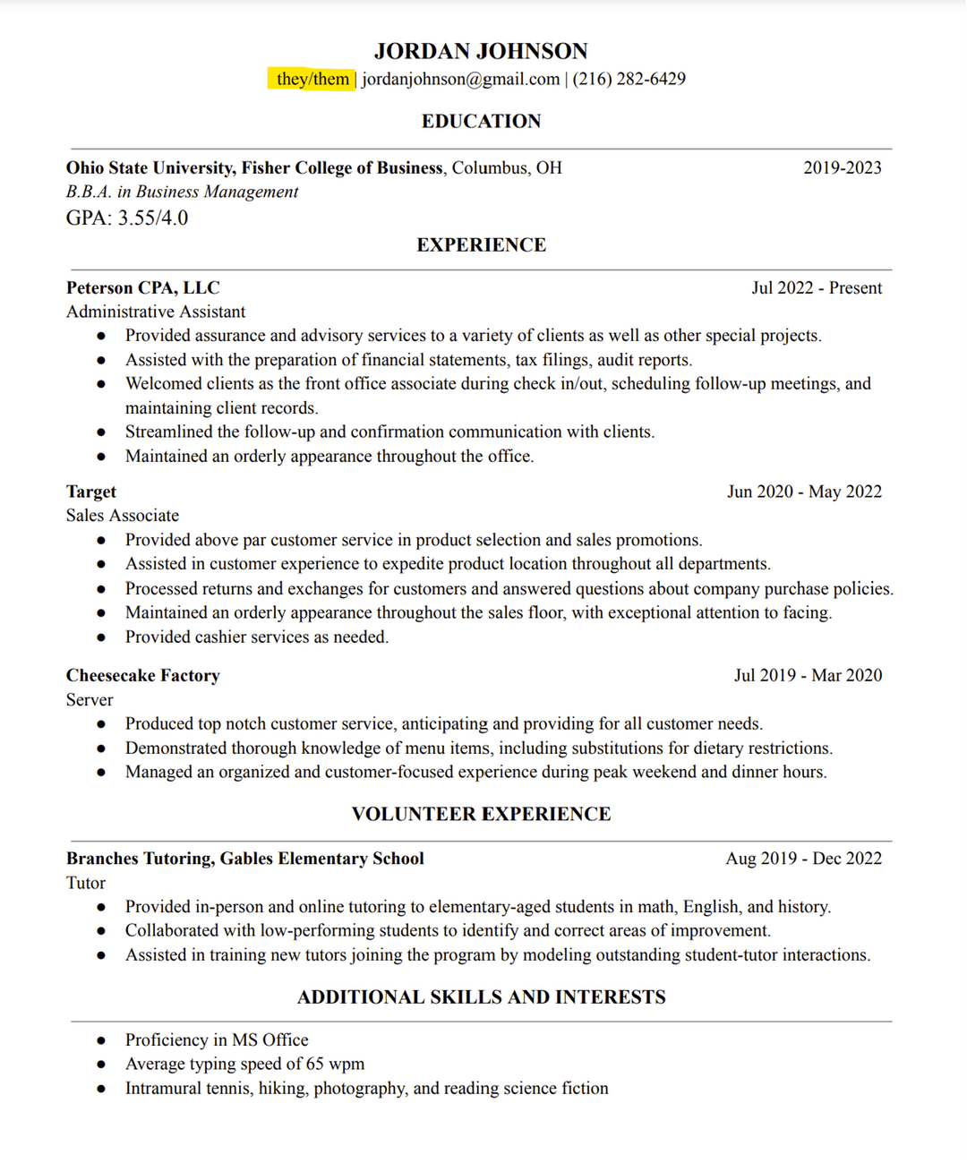 Nonbinary resume sample