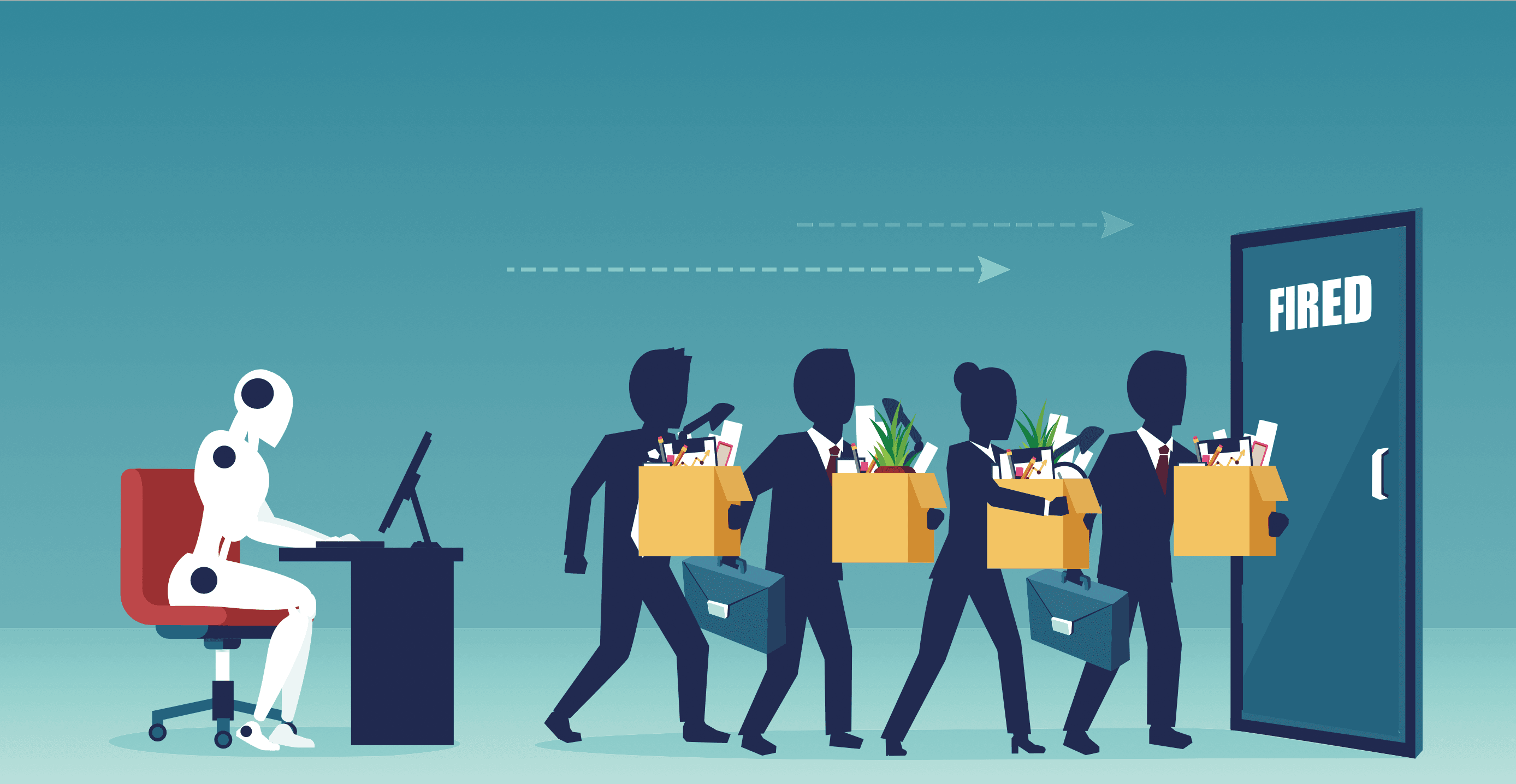 graphic of a robot working at a desk as people shuffle out of an office with their boxes packed
