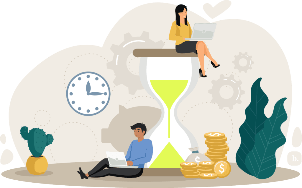 graphic of two people sitting on and next to a large hourglass