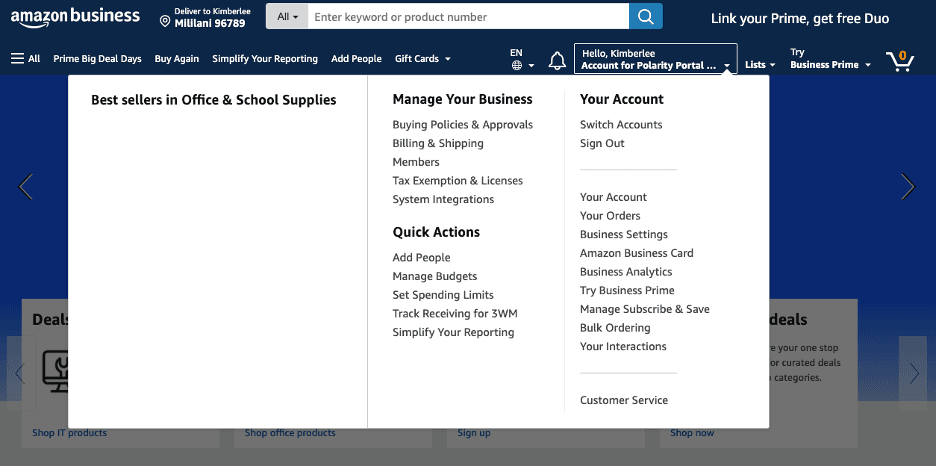 Amazon Business drop down menus