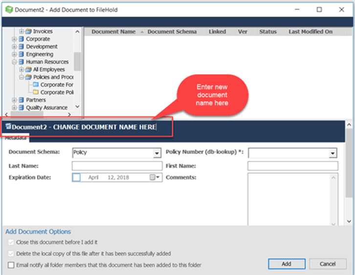 FileHold document adding