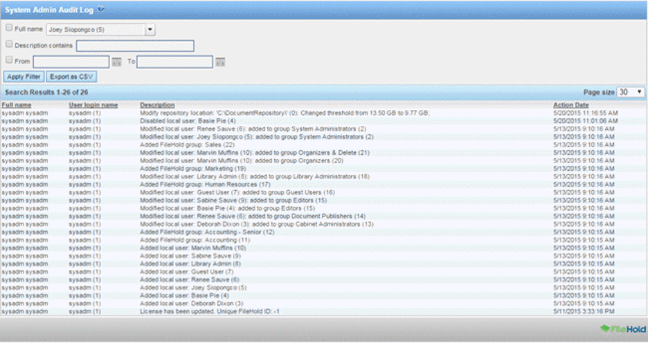 FileHold audit log