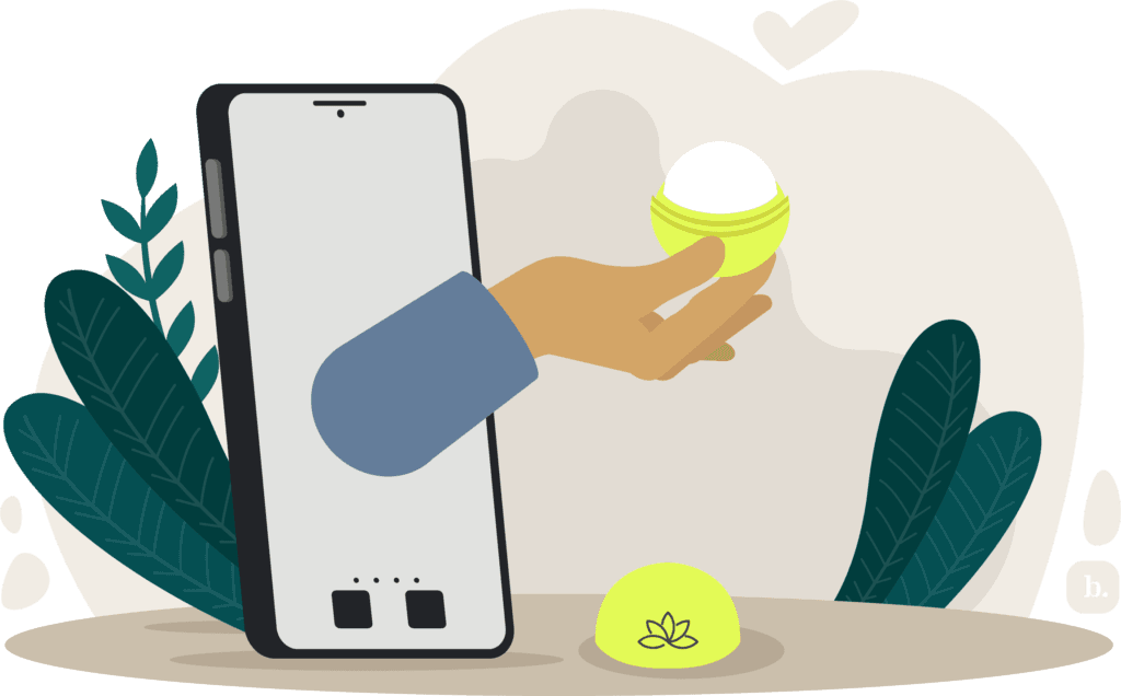 graphic of a hand holding a container of lip balm sticking out of a mobile phone