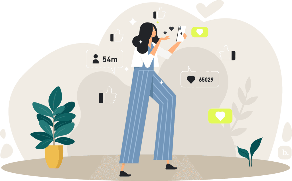 graphic of a person holding a mobile phone with social media like symbols surrounding them