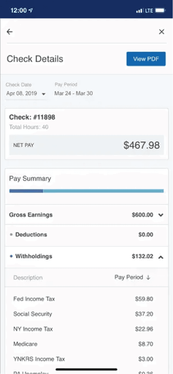 Paychex Flex pay stub details on a mobile app
