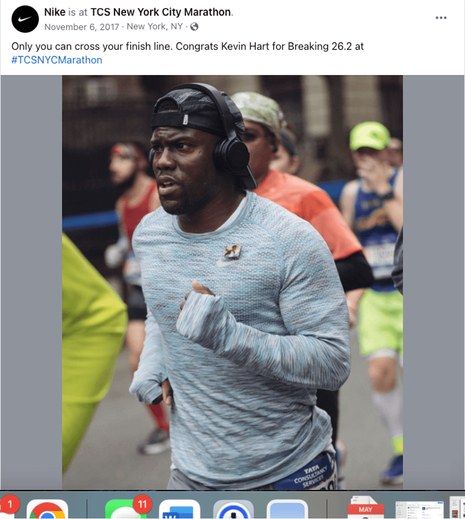 Nike post about Kevin Hart running a marathon