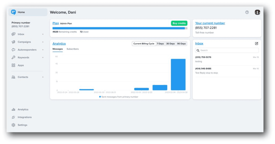 SimpleTexting dashboard