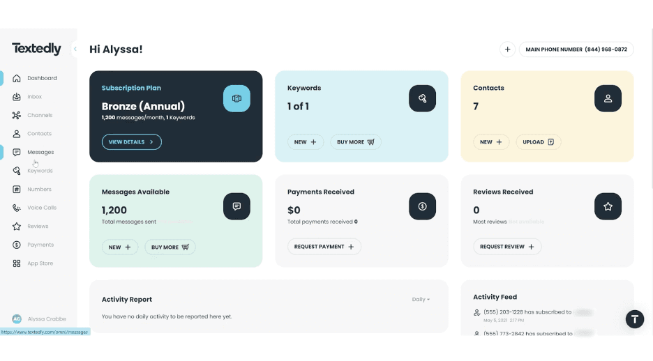 Textedly dashboard
