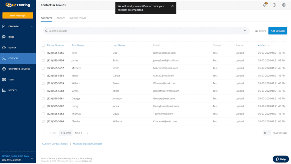 Uploading EZ Texting contacts