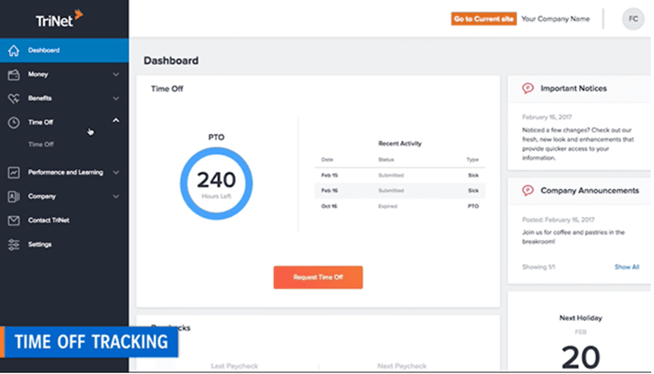 TriNet dashboard