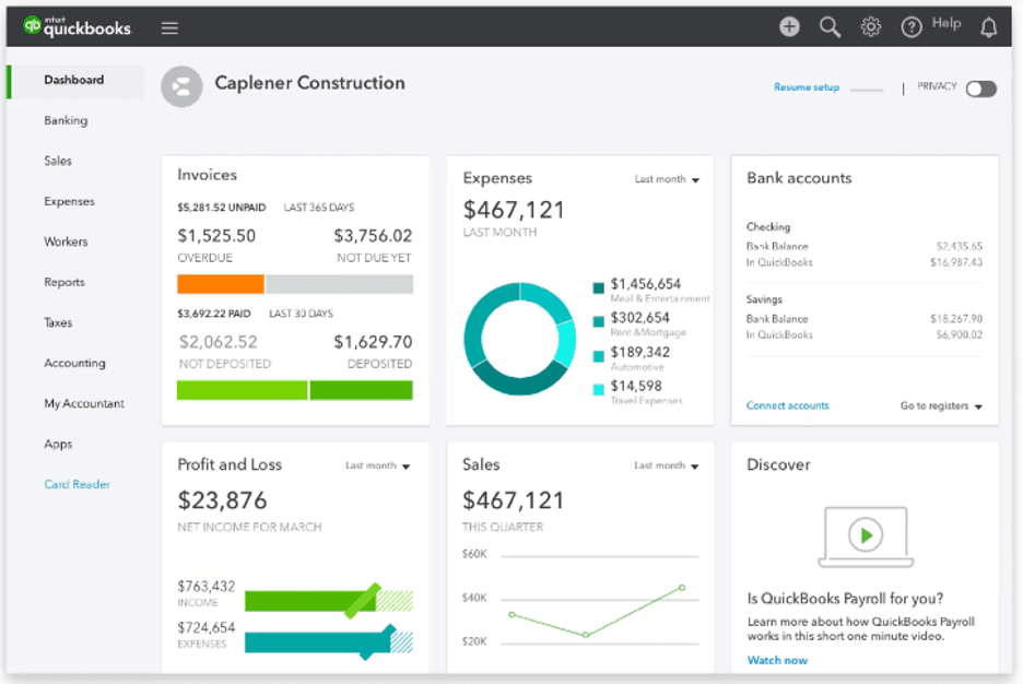 QuickBooks dashboard