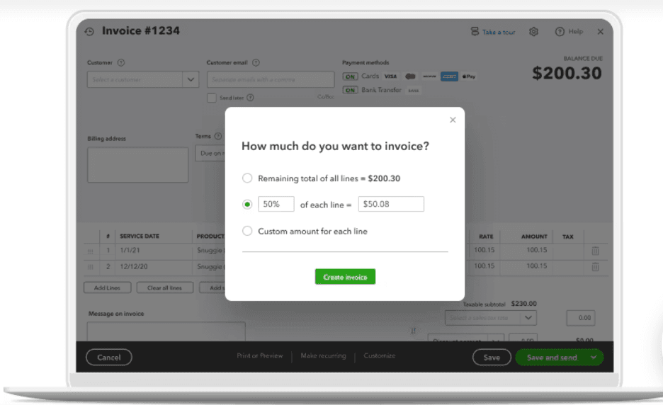 QuickBooks online invoices
