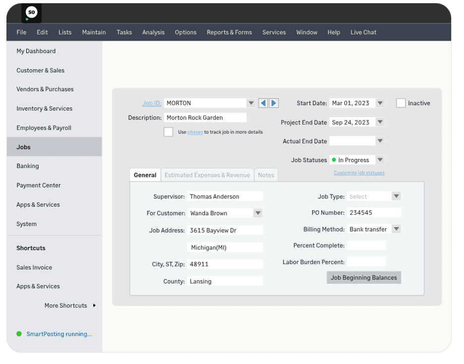Sage job costs