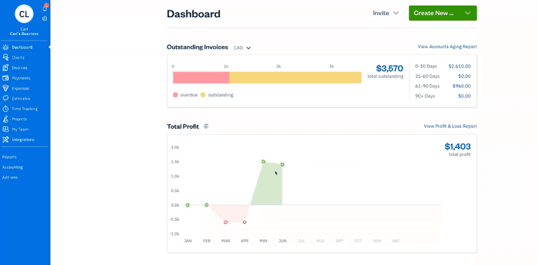 Freshbooks dashboard