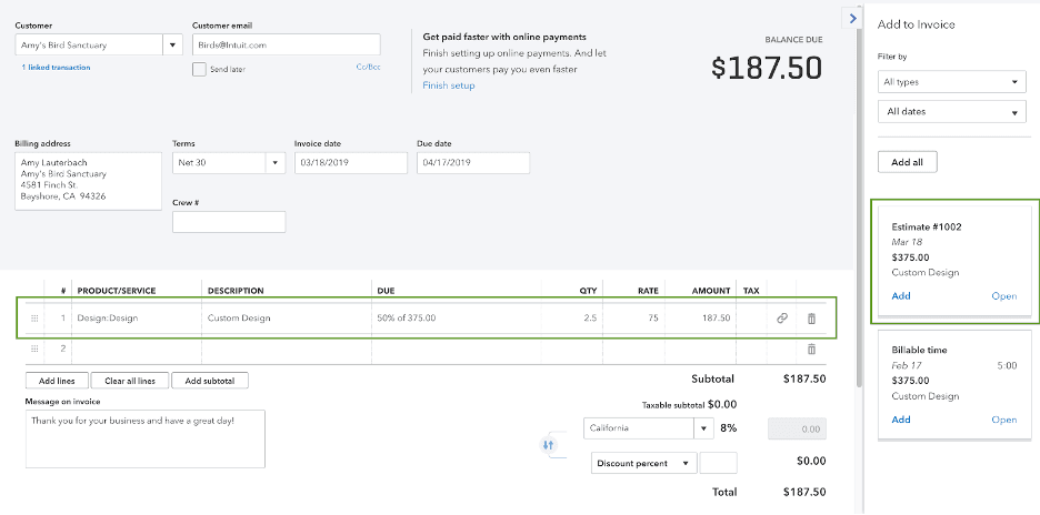 Quickbooks invoice