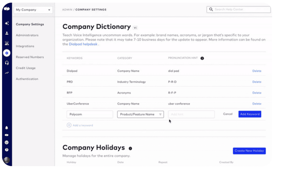 Dialpad company dictionary