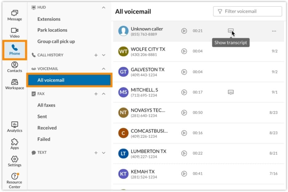 RingCentral voicemail