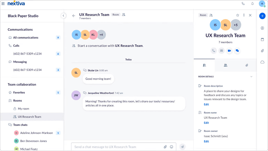 Nextiva team collaboration rooms