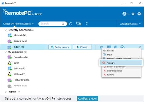 RemotePC restarting a computer