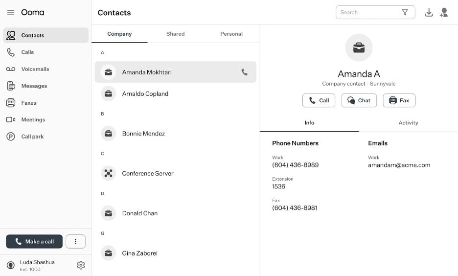 Ooma desktop interface