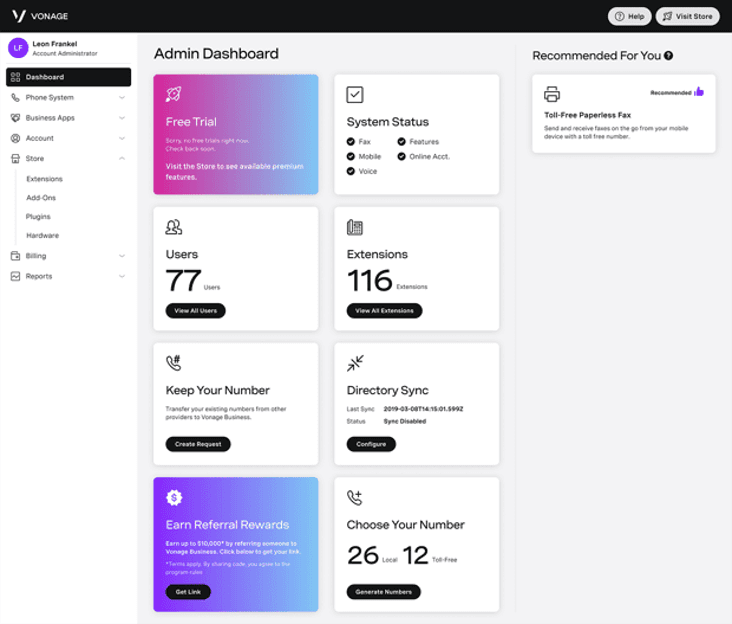 Vonage dashboard