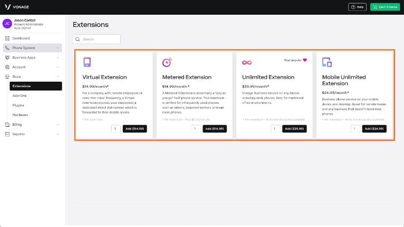 Vonage admin portal