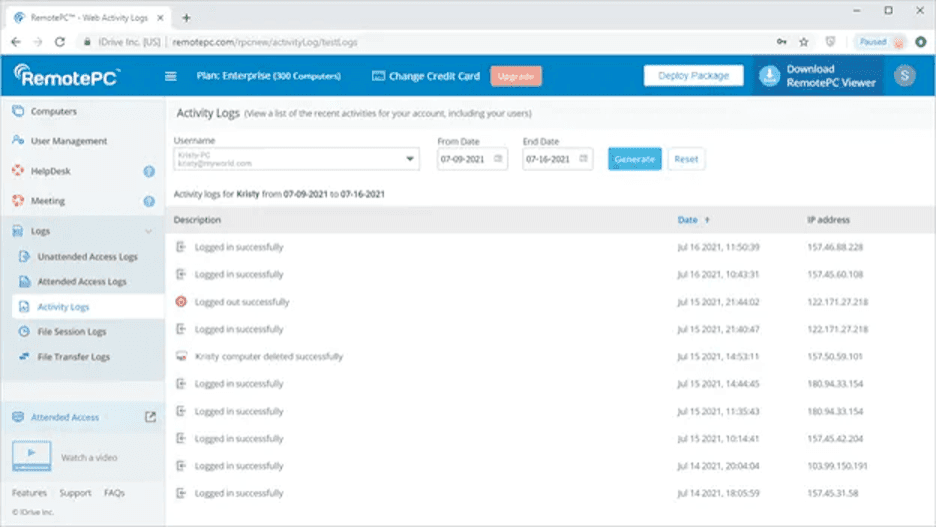 RemotePC activity monitoring