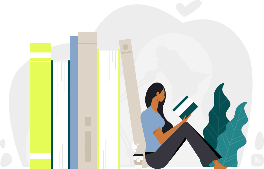 graphic of a person leaning against a stack of oversized books