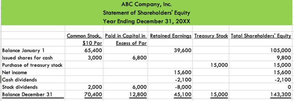 Shareholder equity statement