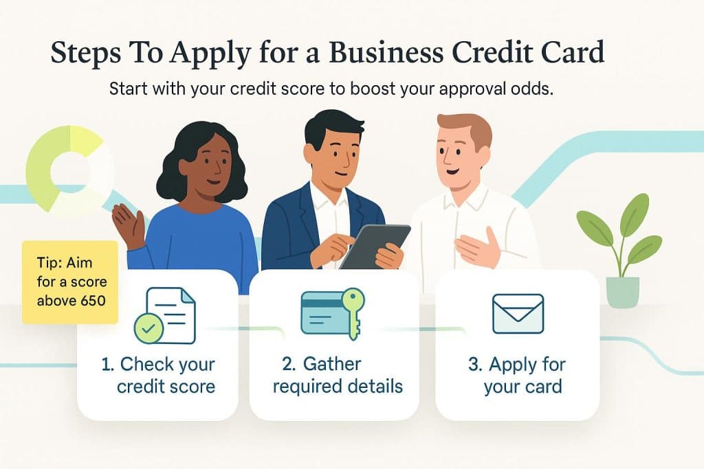 Three steps to apply for a business credit card with illustrations.