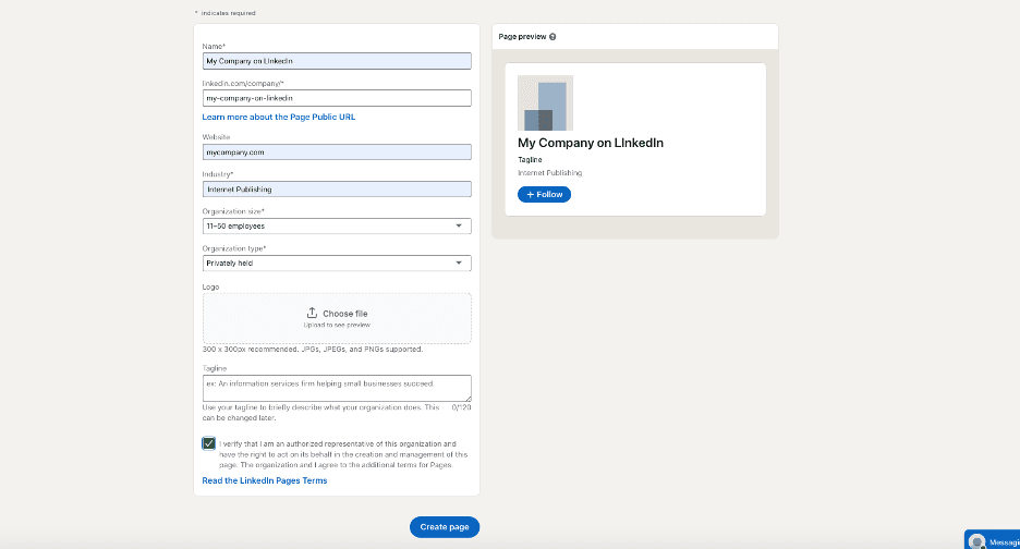 Filling in the details of a LinkedIn company page