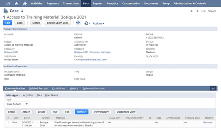 Oracle Netsuite support tickets