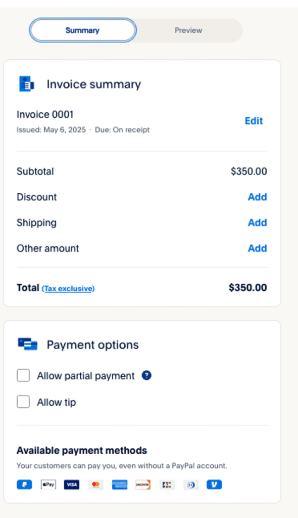 PayPal invoice summary