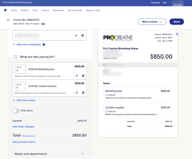 Paypal invoice example
