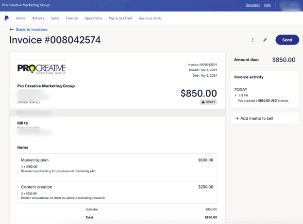 Paypal sent invoice