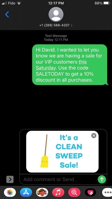 SMS text message example screenshot