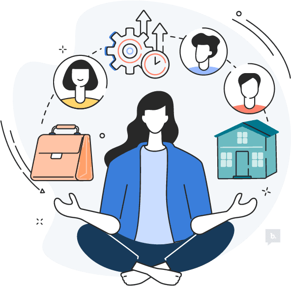 graphic of a person sitting cross-legged juggling symbols liek a house, family and gears