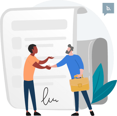 two people shaking hands in front of a very large document