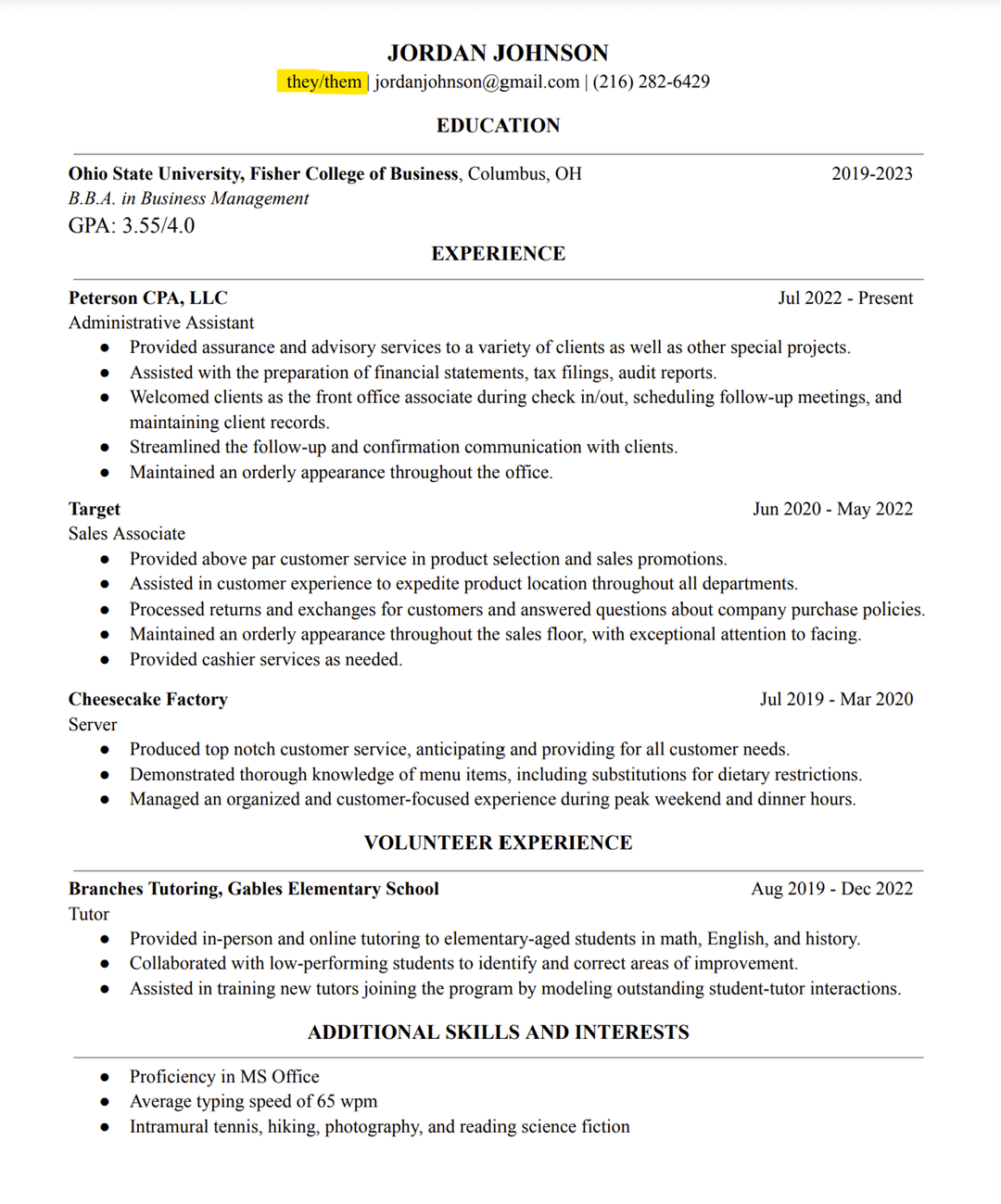 Nonbinary resume sample