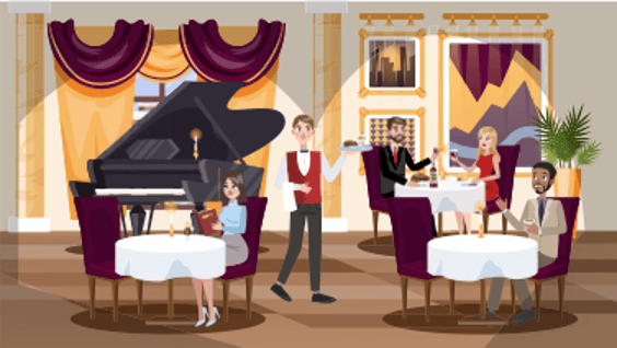 Graphic of diners and a waiter in a fancy restaurant